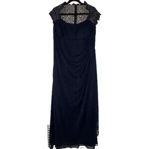 Navy Blue Lace Cap Sleeve Ruched Formal Gown - 14W
